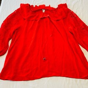 Cato orange Red Lace Sleeve Women's Top ruffle